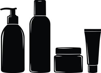 Black silhouette vector set of four beauty and personal care products: a pump dispenser bottle, a tall flip-top bottle, a cream jar, and a squeeze tube for packaging mockups.