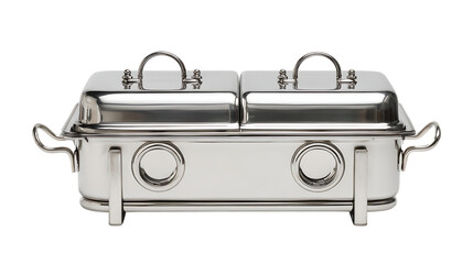 Stainless steel double chafing dish with lids isolated on transparent background.