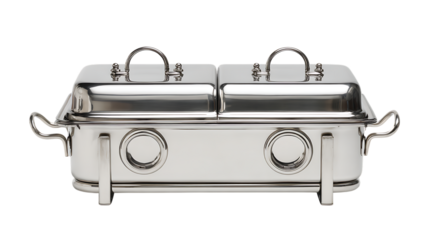 Stainless steel double chafing dish with lids isolated on transparent background.