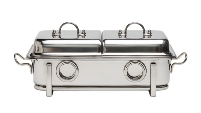 Stainless steel double chafing dish with lids isolated on transparent background.