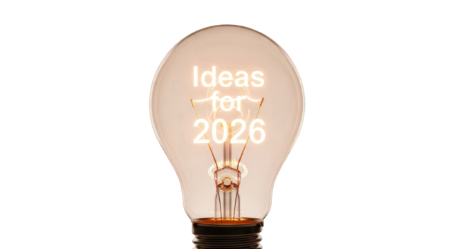 Ideas for 2026 inside a light bulb isolated on transparent background