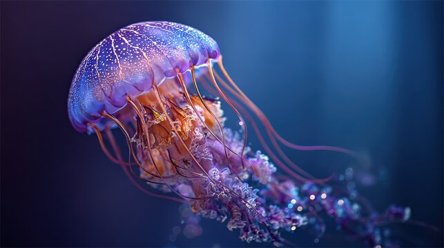 Bioluminescent jellyfish glowing in the deep blue ocean water - Powered by Adobe