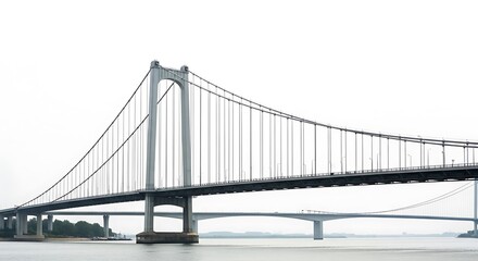 Obraz premium Modern Suspension Bridge and Distant Span Over Calm Water, High-Key Sky