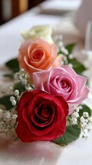 Obraz premium Delicate rose bouquet with soft pastel and vibrant red blooms, elegantly arranged with baby's breath and green leaves on a blurred white background