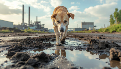 Dog in toxic landscape walking through muddy puddle near industrial area under cloudy sky, expressing resilience and curiosity