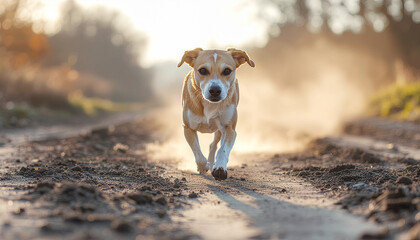 Dog running in toxic landscape with sunlight and dust creating intense atmosphere in outdoor environment