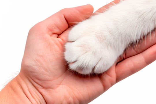 Cat paw on human hand symbolizing love and help for animals, empathy and care concept, friendship between human and pet