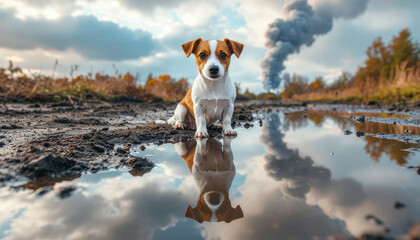 Dog in toxic landscape with smoke rising in background and muddy water reflecting sky and trees