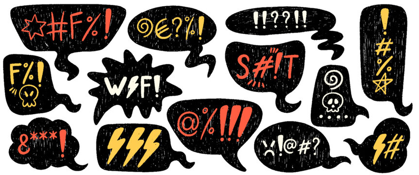 Hand drawn crayon speech bubbles with swear words. Chalk pencil communication frames with skull, curses, censored with symbols in crayon grunge style for negative expression, angry or bad mood.