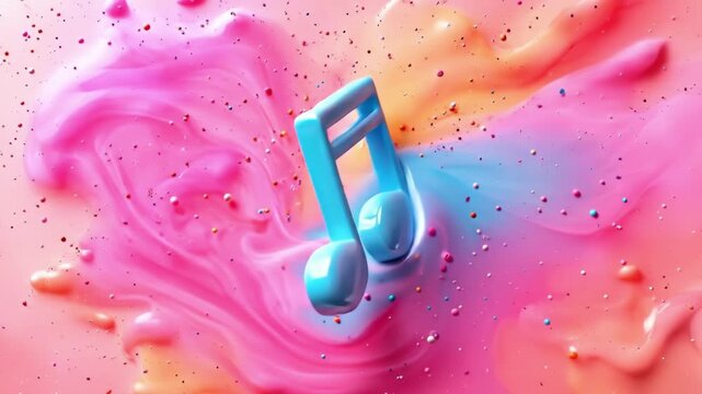 Colorful musical note with vibrant abstract pink and blue swirls and paint splashes