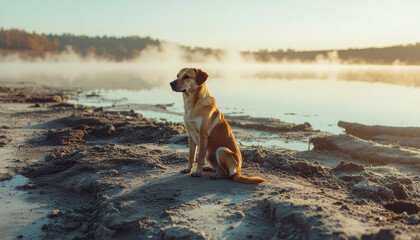 Dog in toxic landscape with misty water and barren ground, animal appears lonely and alert in harsh environment at sunrise