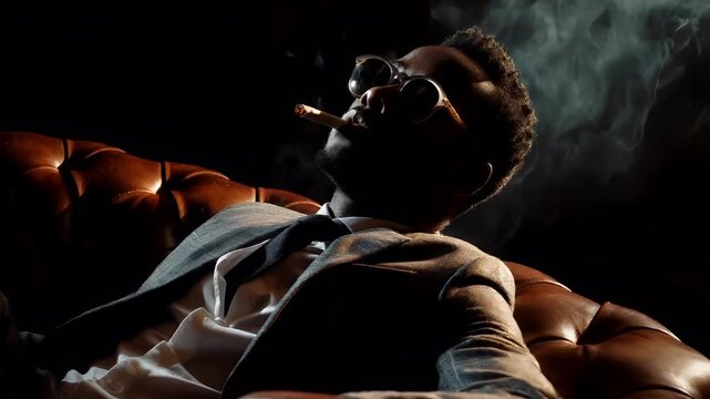 Marijuana cannabis topic concept. A man in a suit and sunglasses sits on a leather couch, smoking a cigar, with smoke swirling around him.