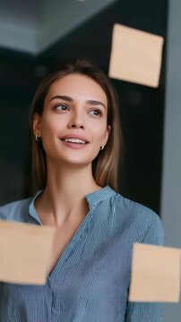 A woman is smiling and looking at a wall with sticky notes on it. The notes are in different colors and sizes, and they seem to be arranged in a way that creates a pattern or a message