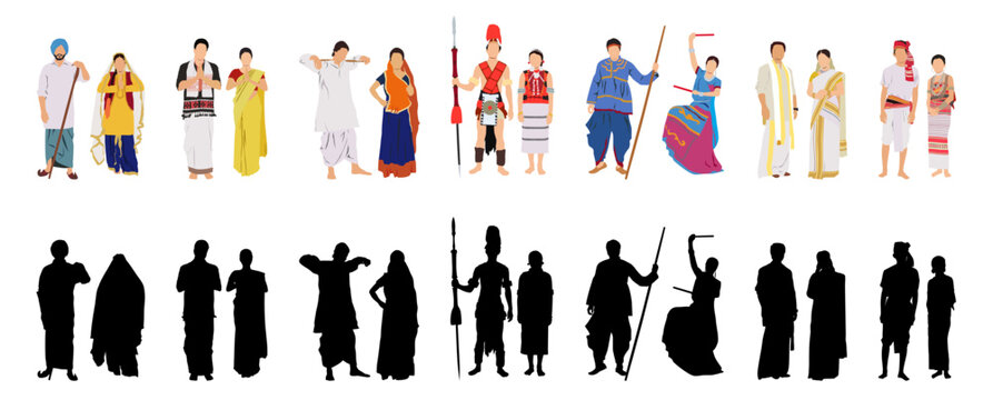 Couple of indian people wearing traditional attire with silhouette vector illustration.
