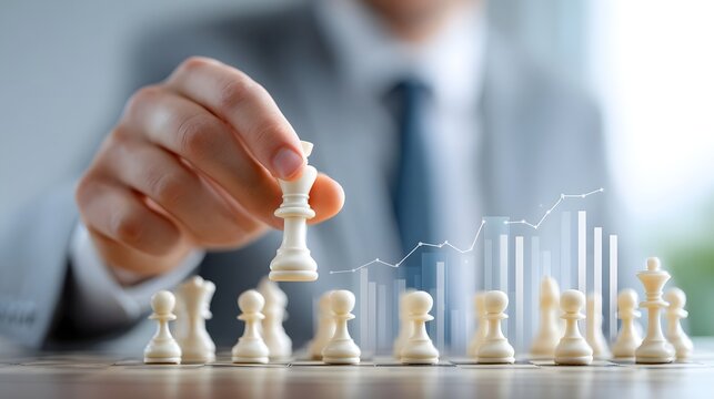 Strategic business planning illustrated by a hand moving a chess king overlaid with abstract financial growth charts and bar graphs representing market analysis and corporate success