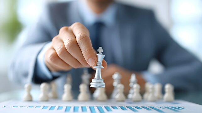 Close up of a hand in a suit moving a silver chess king piece on a board set against a business graph representing strategy planning and leadership in corporate success