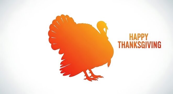 An orange silhouette of a turkey with happy thanksgiving text on a white gradient background image