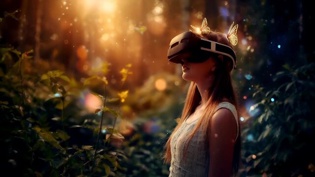Marijuana cannabis topic concept. woman wearing virtual reality headset with butterflies and bokeh effect background.