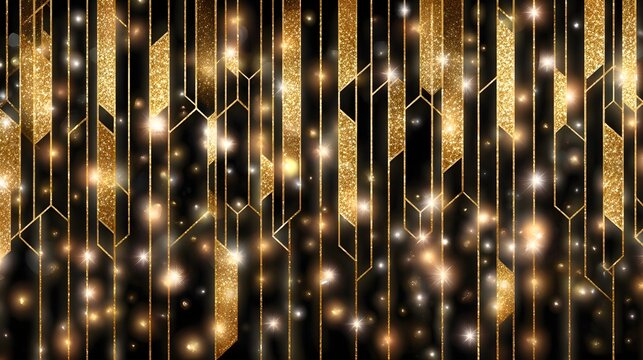 Luxurious Art Deco inspired design featuring a black background intricate gold geometric lines and shapes enhanced with sparkling bokeh lights for a festive and glamorous feel