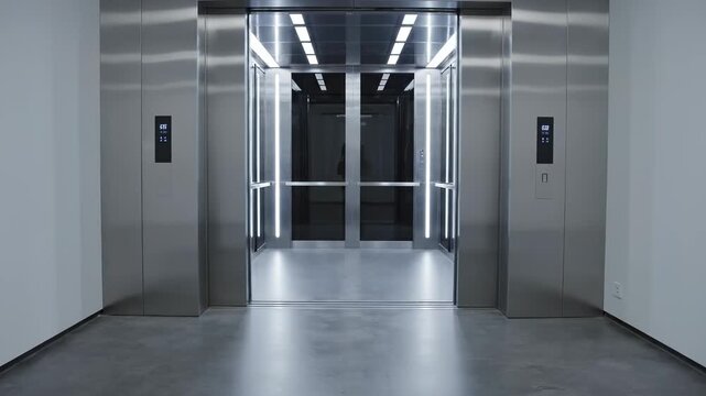 Elevator Interior: A modern elevator interior featuring polished steel and glass doors, creating a sense of contemporary design. The open doors beckon a journey upwards, with a sleek.