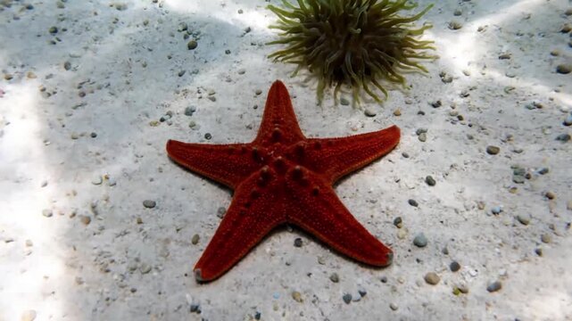 Intricate details of a starfish's dermal ossicles and tube feet, showcasing its unique texture and slow, deliberate movements across a surface. Macro, extreme close up