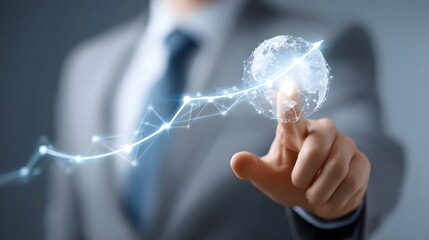 A businessman s finger illuminates a glowing holographic Earth displaying an upward trending graph and interconnected nodes signifying technological advancement and worldwide economic expansion
