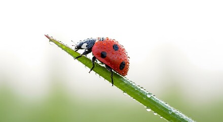Vibrant Ladybug Adorned with Sparkling Dewdrops on Fresh Green Grass Blade, Macro Nature Shot