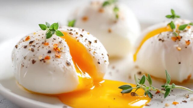 Poached egg with runny yolk, garnished with fresh thyme and spices