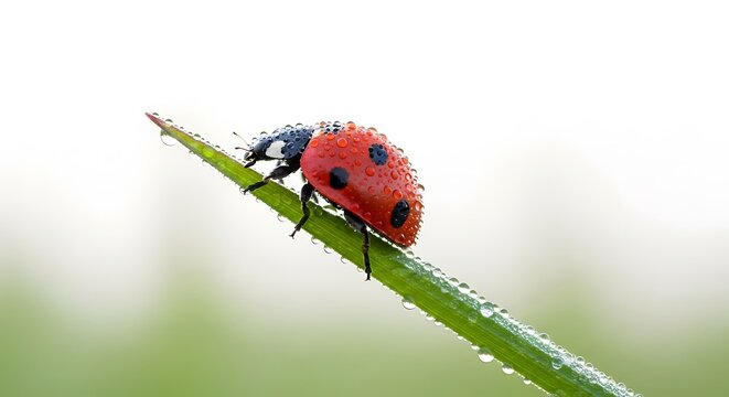 Vibrant Ladybug Adorned with Sparkling Dewdrops on Fresh Green Grass Blade, Macro Nature Shot - Powered by Adobe