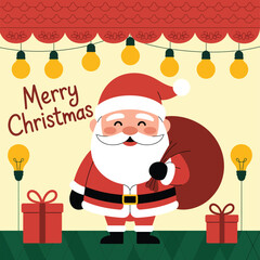 Cheerful Santa Claus Illustration with Gift Boxes and Festive Lighting for Holiday Season Greetings and Christmas Celebrations Design Elements