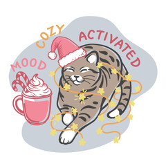 Cute Christmas cat illustration wearing a Santa hat, wrapped in festive lights with cocoa and candy canes. Mood Cozy Activated