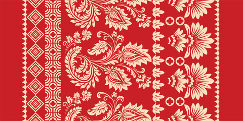 floral pattern vintage ethnic modern embroidery texture boho design vector illustration hand drawn pink flower motif branches leaves wallpaper seamless background border.	
