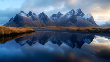 Sharp peaks reflect on a still blue lake under a bright sky, golden grass lines the edge as clear light shows detail on the mountain range.