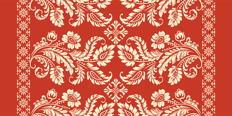 floral pattern vintage ethnic modern embroidery texture boho design vector illustration hand drawn pink flower motif branches leaves wallpaper seamless background border.	
