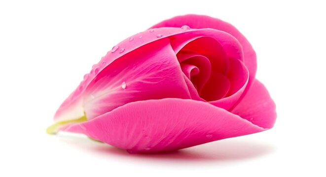 Fresh Pink Rosebud with Glistening Dew Drops, Delicate Petals on Bright White