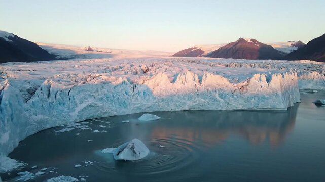 Capturing the immense scale and pristine desolation of a massive glacial landscape, showcasing towering ice walls and a horizon dominated by ancient, frozen expanses under a dramatic sky.
