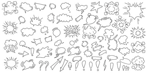 A huge set of dialog boxes, various hand-drawn options. A collection of speech bubbles for dialogue, doodle-style design on a white background. Vector