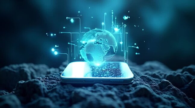 Holographic world map projected from smartphone screen on dark ground representing global network and digital communication technology - Powered by Adobe