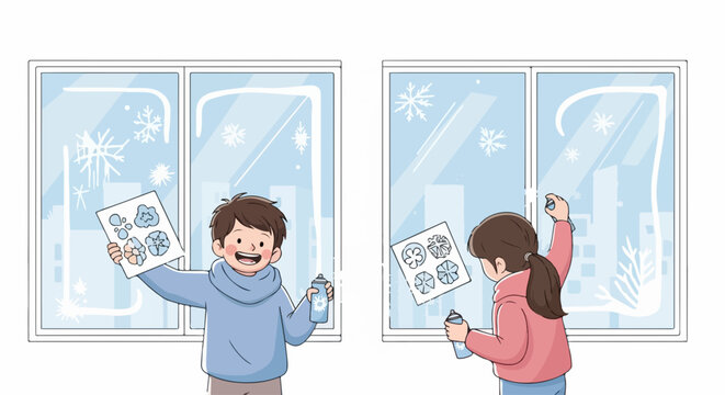 Children painting winter window, joyful siblings decorates frosty window with holiday stencils. Holiday stencils offer opportunity for creative expression,