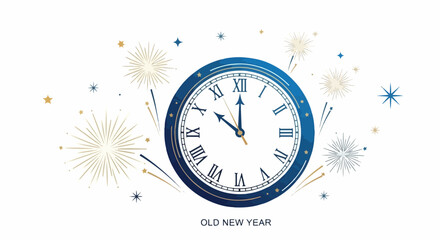 Old New Year clock face showing almost twelve o'clock with fireworks, Old New Year time concept. Clock face shows upcoming holidays, symbolizing end of year.