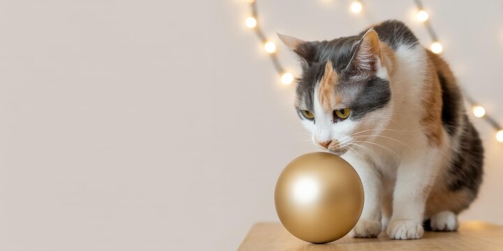 Close-up Calico Cat Sniffing Gold Christmas Ornament with Bokeh Lights, Copy Space