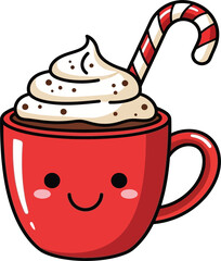 Cute Christmas Hot Chocolate Mug with Whipped Cream and Candy Cane Illustration