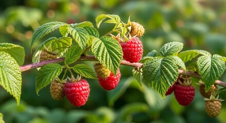 Vibrant Raspberries Growing on Bush Branches with Lush Green Leaves, Closeup View