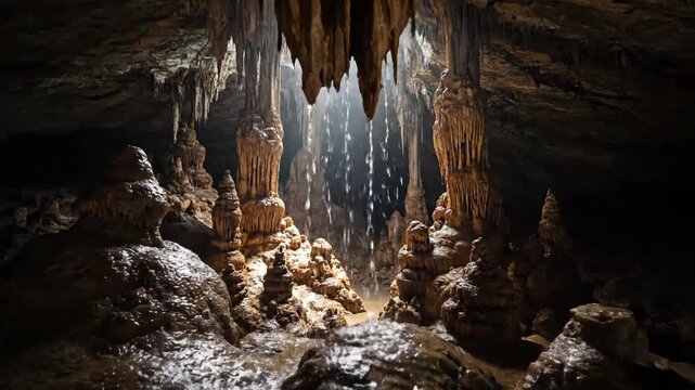 Capturing the majestic, ancient formations of stalagmites, highlighting their slow, deliberate growth over millennia within a subterranean chamber. Geological time and natural monumentality