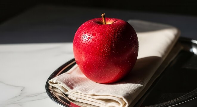 Vibrant Red Apple With Water Droplets Resting on a Linen Napkin and Silver Tray