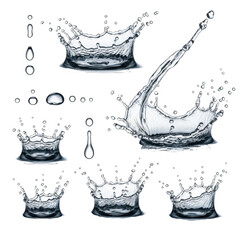 3d dynamic water splashes and drops isolated on transparent background