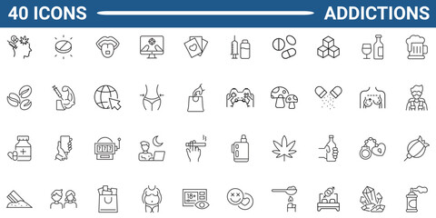 Addiction icon set. Containing tobacco, alcohol, cannabis, gambling, cocaine, drug and more. Outline Icon Collection. Vector illustration. Editable stroke