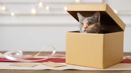 Calico Cat Peeking from Gift Box with Pink Ribbon — Close-Up Bokeh, Copy Space for Holiday/Adoption Ads