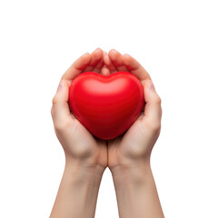 Hands gently holding a bright red heart against a dark background
