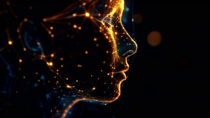 3D digital artwork of a human face, rendered in a glowing, golden hue with intricate details like lines and dots. The face is set against a dark.